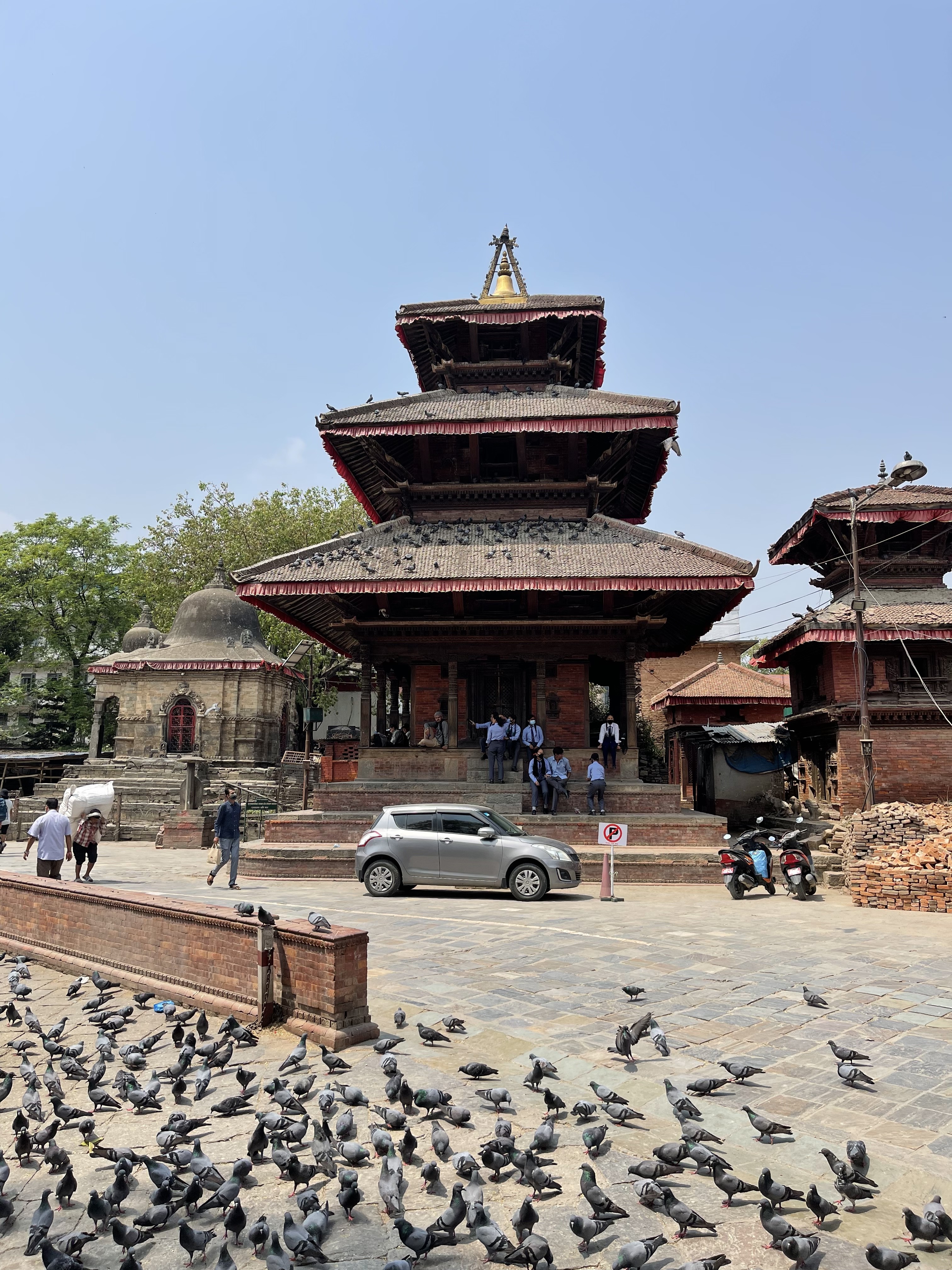 Pagoda temples and pigeons in Kathmandu Durbar Square.